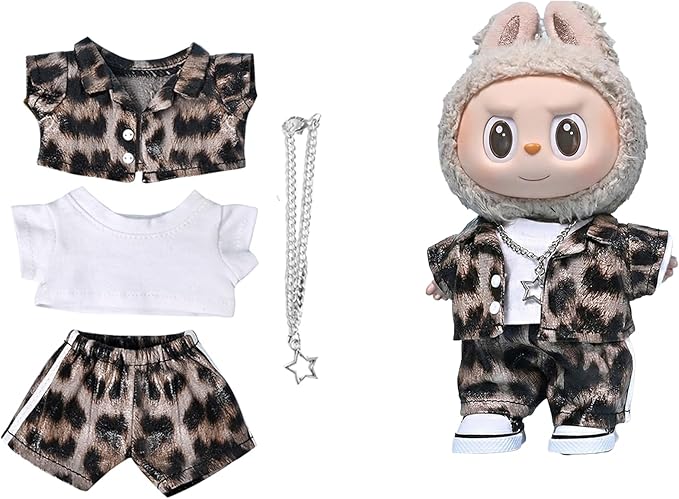 Doll Clothes Hip Hop Outfit Compatible with Labubu 17cm, 3-Piece Streetwear Set with Star Necklace & Leopard Print Jacket, Cool Style Doll Accessories for 17cm Figures(Street Hip hop Leopard Print)