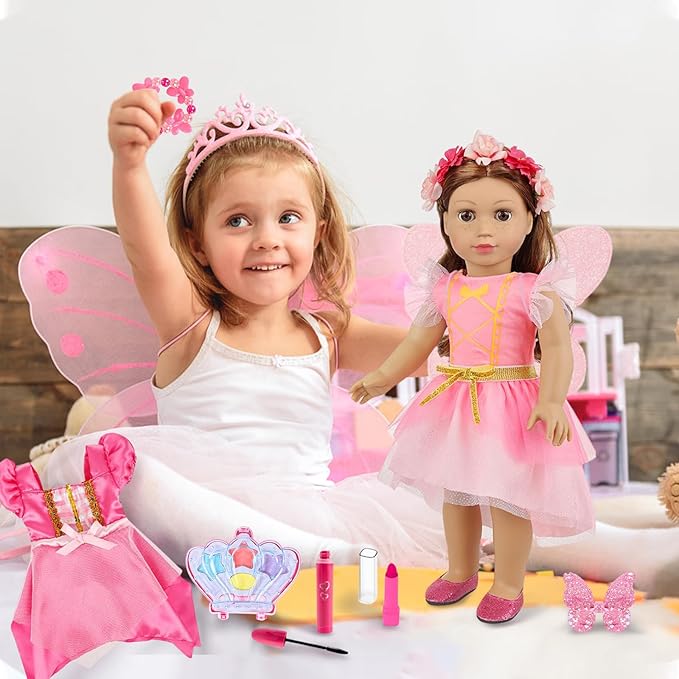 American 18 Inch Doll Makeup Accessories and Butterfly Fairy Theme Set,Included 2 Pieces Clothes,Flower Wreath Headwear,Eyelash Brush,Eye Shadow,Bracelet,Butterfly Strap and Hair Clip(NO Doll)
