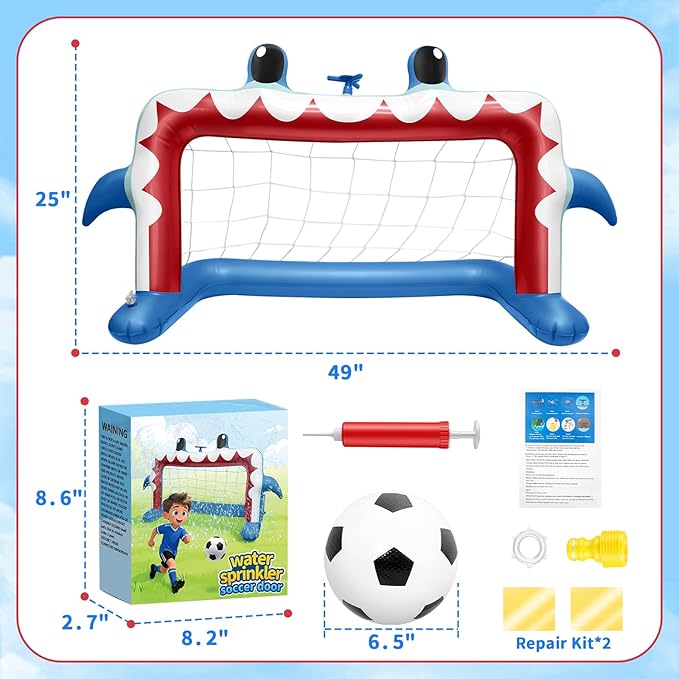 Water Sprinkler Soccer Toys, Inflatable Shark Soccer Goal Sprinkler with a Soccer Ball Backyard Outdoor Summer Toys for Boys Girls Outside Yard Water Football Game Toys for Kids Ages 3-8