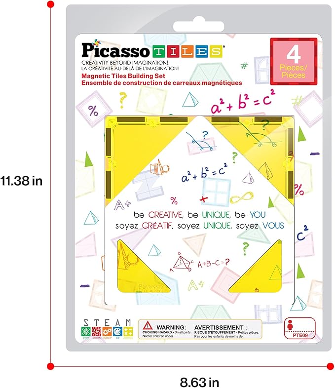 PicassoTiles 4pcs Magnetic Building Block Large Square Shape Magnet Tiles Construction Toy STEM Learning Kit Educational Playset Playboard Pretend Play Stacking Blocks Child Brain Development PTE09