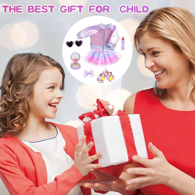 American 18 Inch Doll Makeup Accessories and Clothes Set Includes 18 Inch Doll Clothes and Shoes Bag Makeup Brush Set Foldable Haircomb Eyeshadow Lipstick Bow Hair Clip Sunglasses Hair Rope(No Dolls)