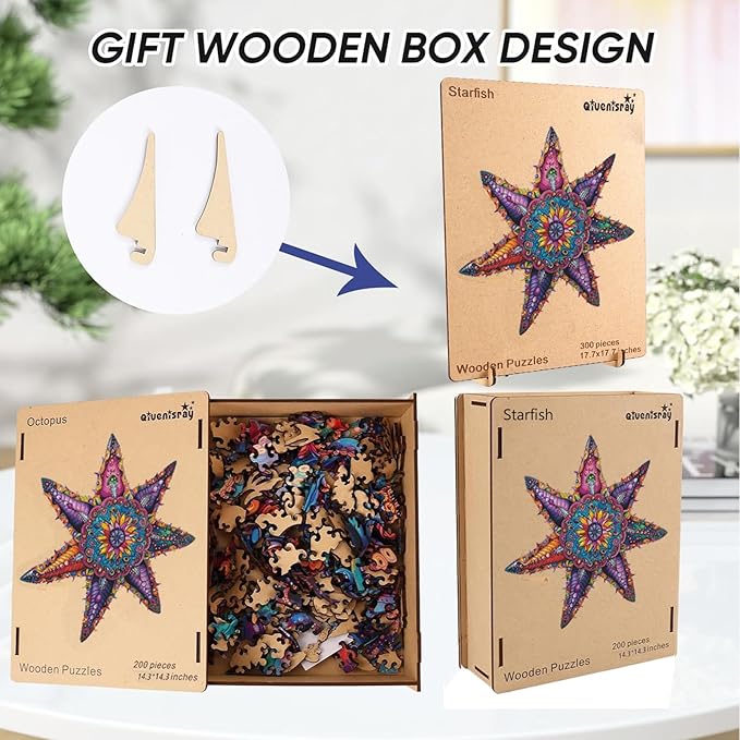 Qiuenisray Wooden Jigsaw Puzzles for Adults 500 Piece, Starfish Ocean Wood Jigsaw Puzzles, Wall Decor, FSC Certified Royal Unique Shape Adult Puzzles Piece, Creative Gift for Family Games 20.3x20.3 in