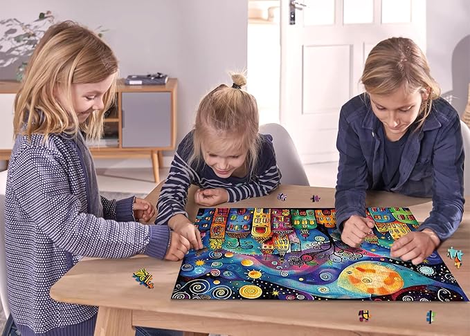 Colorful Houses Puzzles for Adults 1000 Pieces, Village Night Landscape Jigsaw Puzzles, Fantasy Abstract Starry Sky Puzzle as Nature Decor