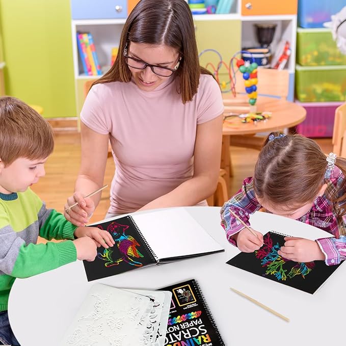 Mocoosy 3 Pack Rainbow Scratch Art Paper Notebooks, Spiral Bound Magic Scratch Pads for Kids Arts Crafts Supplies, Black Sketch Note Coloring Activity Book Easter Basket Stuffer Gifts for Girls Boys