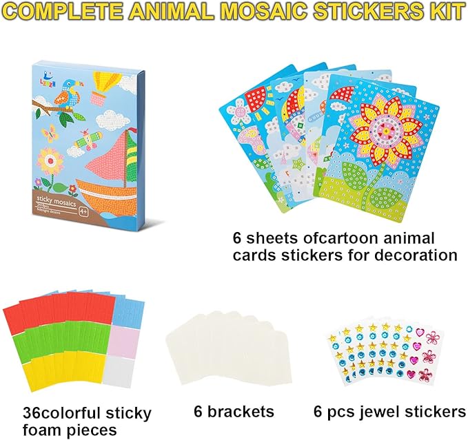 LZHZH Mosaic Sticker Art for Kids - 6 Pack DIY Craft Kits with Sunflower, Butterfly, Sailboat, Woodpecker, Hot Air Balloon, Airplane Designs, Easy Peel Stickers for Ages 3 4 5 6 7 8+