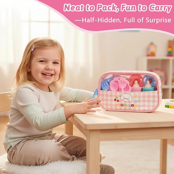 CARANOVO Baby Doll Accessories Set – 7 Pcs Feeding Bottle Toys, Magic Disappearing Milk & Juice, Pretend Play Set with Pacifiers, Reusable Bibs and Diapers, Kids Gift