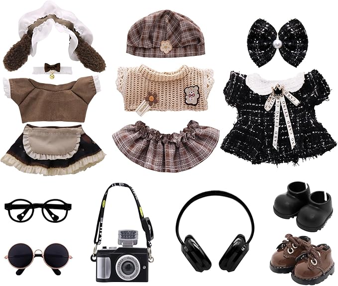 3-Pack Clothes Set Designed for Labubu Clothes with Accessories Set, Doll Clothes Set with Glasses, Sunglasses, Black Leather Shoes, Headphones, Camera Accessories for Labubu - Style C1