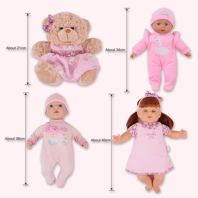 13" Soft Baby Doll with Take Along Pink Doll Backpack Carrier, 6 Piece Play Set with Bottle & Accessories(Pink)