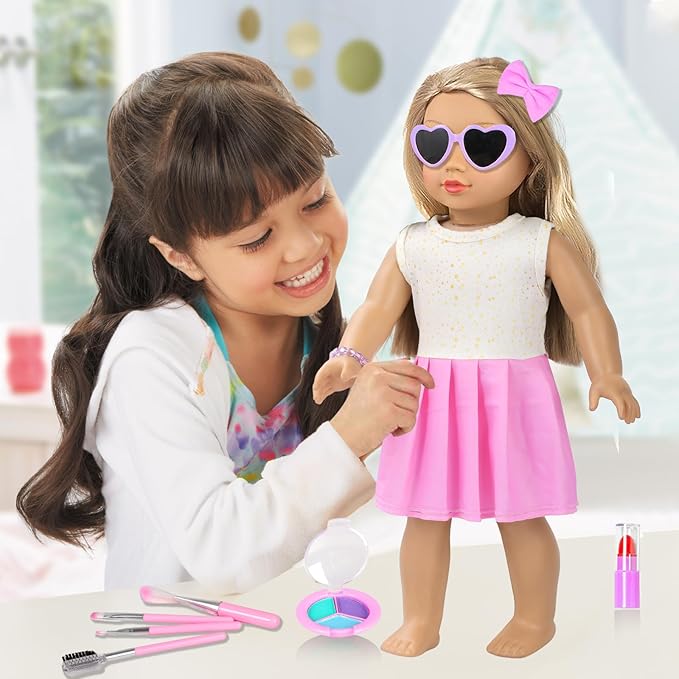 American 18 Inch Doll Accessories Case Luggage Travel Makeup Play Set With Clothes,Tote Bag,Sunglasses,Eye Shadow,Lipstick,Hairpin,Bracelets,Eyelash Brush For 18" Dolls Toy Stuff,No Doll And Shoes