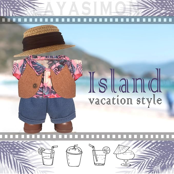 Clothes for 6.7inch /17cm Dolls (Without Dolls),Sets and Accessories,5pc Set๏ผStraw hat+Shirt+Pants+Shoes+Vest,Suitable for Collectors and As Gifts. (Vacation-red)