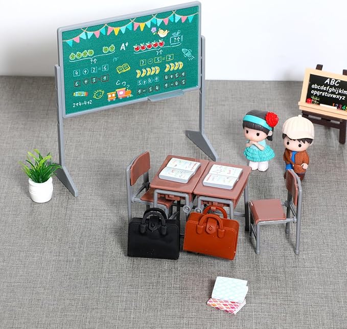TOYANDONA 13pcs Miniature School Supplies - Doll School Supplies Mini Dollhouse Accessories Include Desk Chair Set Doll Schoolbag Blackboard Book for Miniature Classroom Furniture