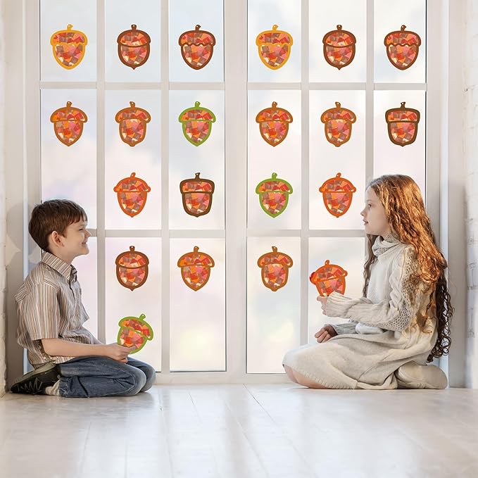 Renbuzhu 40PCS Fall Crafts Bulk: Acorn Paper Suncatchers DIY Kit for Autumn Thanksgiving Activities Decorations, Window Stained Glass Effect Art Supplies