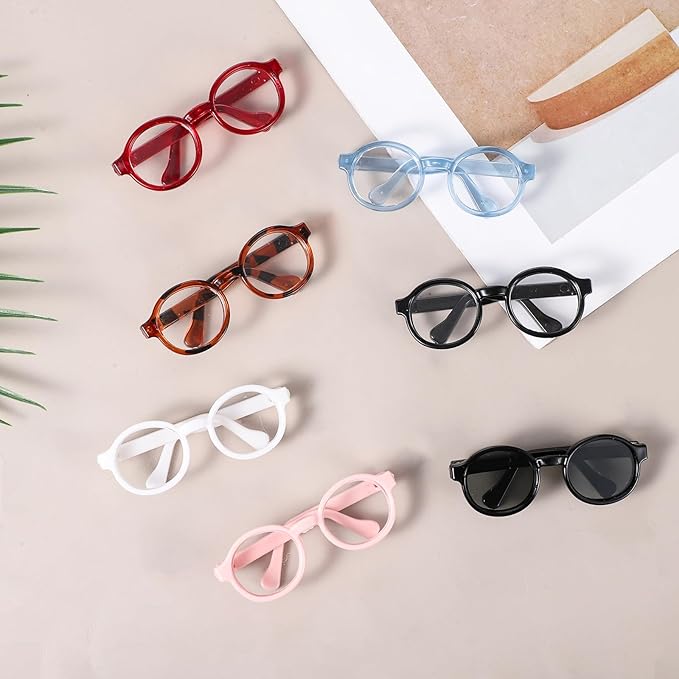 7 PCS Doll Glasses Set Cute Plastic Doll Dress up Sunglasses Eyeglasses Mini Costume Accessories 6.5cm Clear Eye Glasses Supplies for Figures Collectors Display Decoration 7 Colors