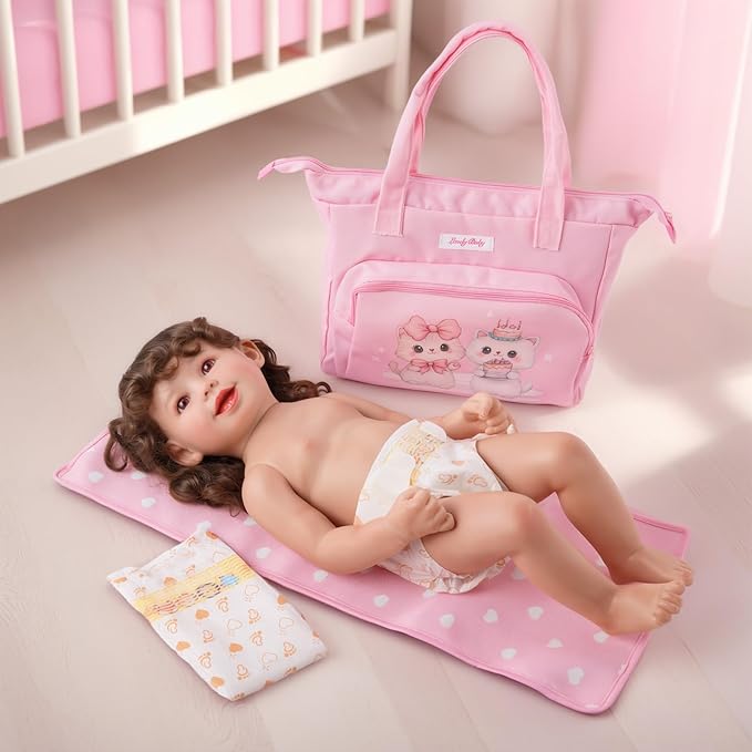 BABESIDE 5 Pcs Baby Doll Diaper Bag Set, Cute Cat Patterns Baby Doll Accessories with Pink Dolls Diaper Bag Changing Pad and Dolls Towel, Pretend Play Toys for Girls