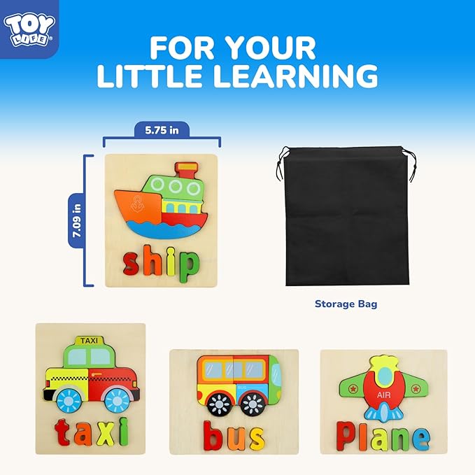 TOY Life Toddler Puzzles Ages 2-4, 4 Vehicles with Spelling Wooden Puzzles for Toddlers 3-5, Montessori Toys Gifts for 1 2 3 Years Old Boys Girls, Christmas Birthday Gifts Learning Toys for Kids