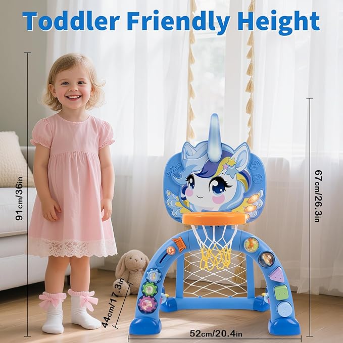 Unicorn Sports Play Set for Toddlers – Blue Basketball Hoop & Soccer Goal with Ring Toss | Indoor Outdoor Activity Center Toy for 1-3 Year Old Boys Girls | Birthday Gift Idea