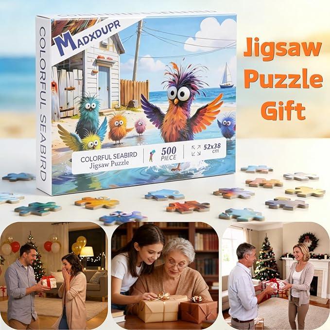 Beach Birds Puzzles for Adults 500 Pieces, Cute Cartoon Colorful Seabird Jigsaw Puzzle with Letters on Back, 21x15 Inch Family Game Night Puzzle, Fun Gift for Puzzle Lovers