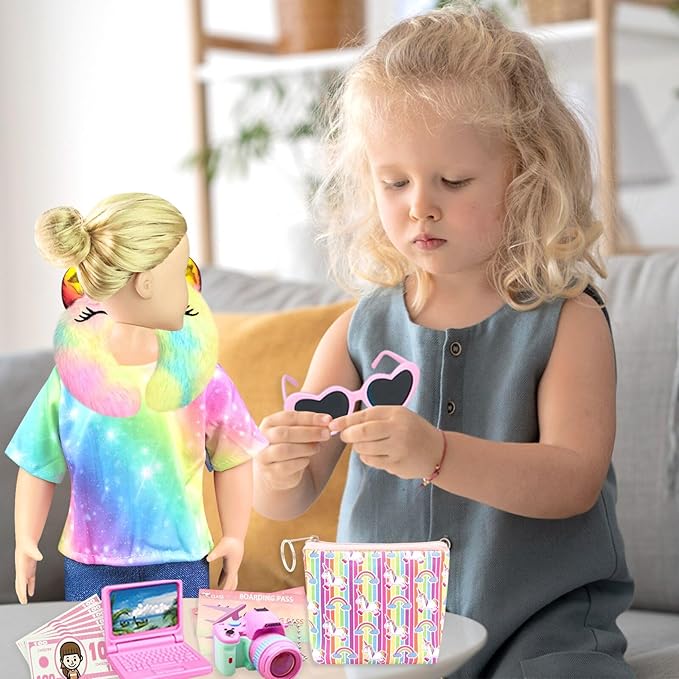 19 Pcs Girl Doll Accessories, 18 Inch Dolls Travel Case Luggage Play Set with Dolls Bag, Clothes, Pillow, Sunglasses, Camera Stuff Fit 18 Inch Doll Gifts for Girls Age 3+ Christmas Birthday