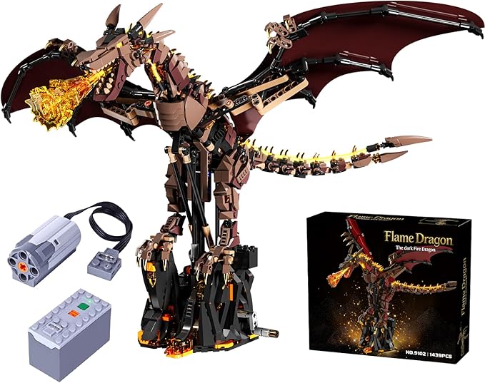 Mechanical Flame Dragon Building Block Set– Collectible Medieval Fire Dragon Model with Movable Wings & Joints, Premium Set with Display Stand & Motor, Perfect Hobby Gift for Adults & Teens