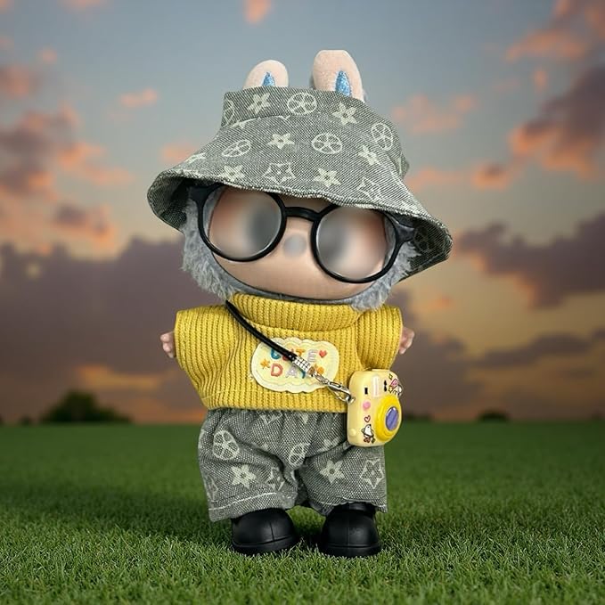 17cm Doll Clothes for lububu,Designer Clothes Suitable for lububu Dolls Outfits and Accessories Set,Including Top +Pants+Hat+Glass+Bag(Two Types of Random Distribution)+Shoes 6PCS,Not Doll(Yellow)