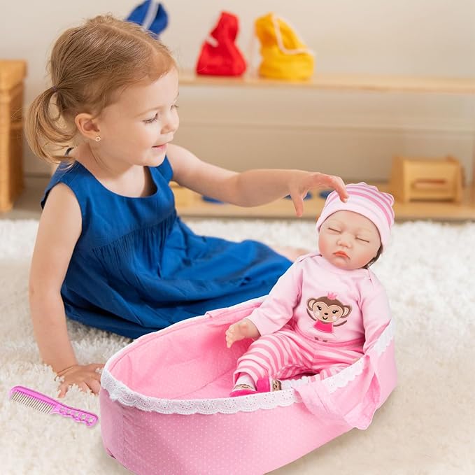 8-Pieces Reborn Baby Doll Clothes with Bassinet for 17-22 Inches Baby Dolls Pink Monkey Pattern Dolls Clothes Outfits Accessories Newborn Baby Girl