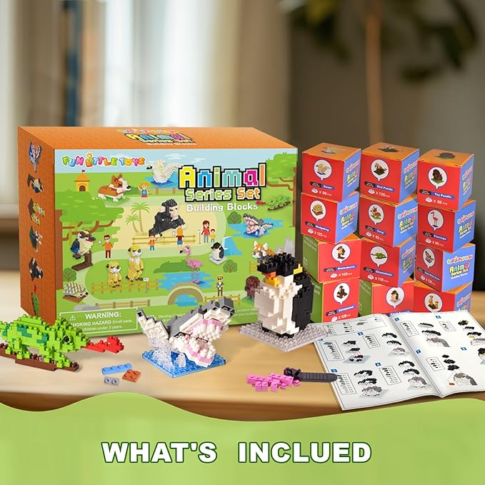 FUN LITTLE TOYS Party Favor for Kids Building Set, Mini Animals Building Blocks Sets Goodie Bags Stuffers for Kid, Small Toy Prizes, 12Pack Kit Birthday Party Favor Gifts Toys for Ages 8-13