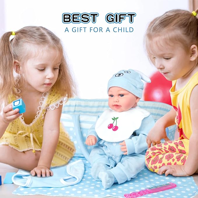 PEDOLLTREE Reborn Baby Dolls Clothes Boy Outfit Accessories Blue Puppy 9 Pcs Set for 17-20 Inch Reborn Doll Newborn Boy with Blue Dot Bassinet