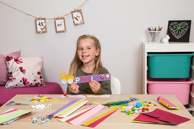 Lena Craft Case with 400 Pieces, Paper Foam Rubber, Pipe Cleaner, Rhinestones, Wiggle Eyes, Pompoms and Buttons, Pink & Purple, Suitable for Children Aged 5 Years and Up