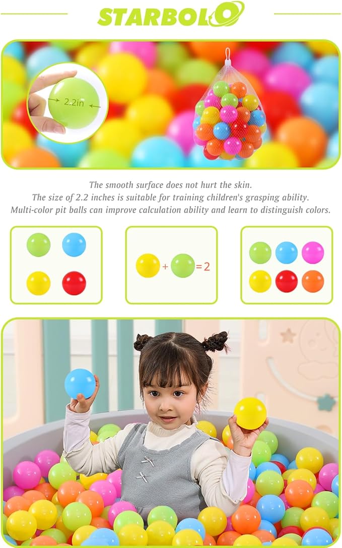 STARBOLO Ball Pit Balls for Toddlers Pack of 100 200 500 - BPA&Phthalate Free Non-Toxic Crush Proof Soft Plastic Balls for 1-5Years Old Toddlers Girl Kids Birthday Pool Playpen Tent Party