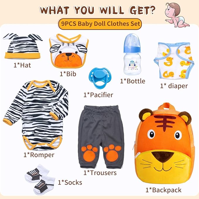 9 PCS Reborn Baby Doll Clothes Tiger Outfit Accessories for 20-22 Inch Reborn Dolls Newborn Baby Clothing Set with Backpack
