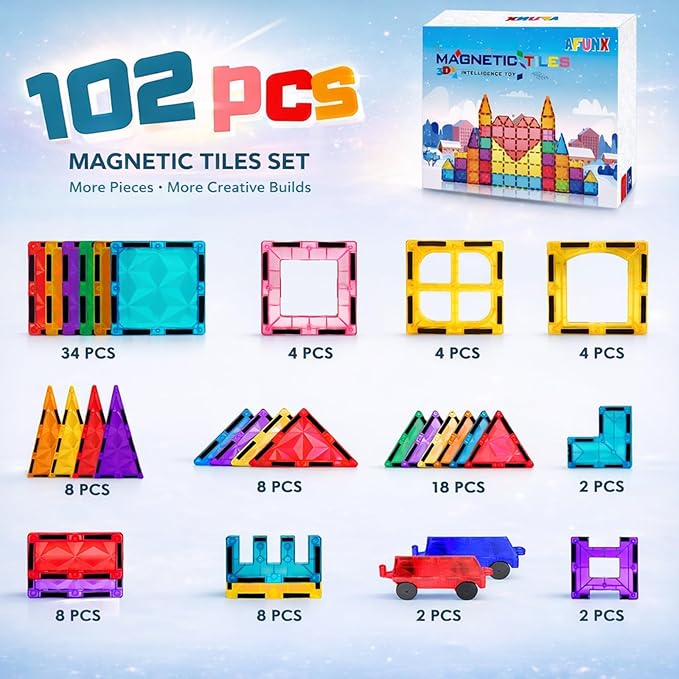 Magnetic Tiles, 102PCS Magnet Building Blocks with 2 Cars, 3D Diamond Magnetic Blocks, Construction Stem Toys for Kids, Educational Toys for Boys Girls Ages 3 4 5 6 7 8 (102 PCS)