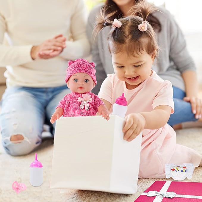 DONTNO 12 Inch Baby Doll with Clothes and Accessories, Reborn Alive Baby Doll Feeding and Caring Set with Baby Bottles Diaper Nipple for Little Girls Pretend Play Set