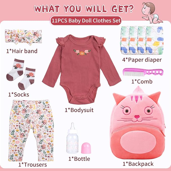 11Pcs Reborn Baby Doll Clothes 17-22 Inch Girl Floral Reborn Doll Clothes with Backpack Newborn Baby Outfits Diapers Bag & Feeding-Bottle, Pretend Play Doll Accessories Set