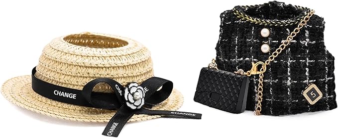 Doll Clothes for 17cm Dolls, Premium Handmade with Luxury Chic Style Set 3 Piece Set Including a Hat, Clothes and Black Bag - High-End Dolls Accessories for Play & Display for Play & Display