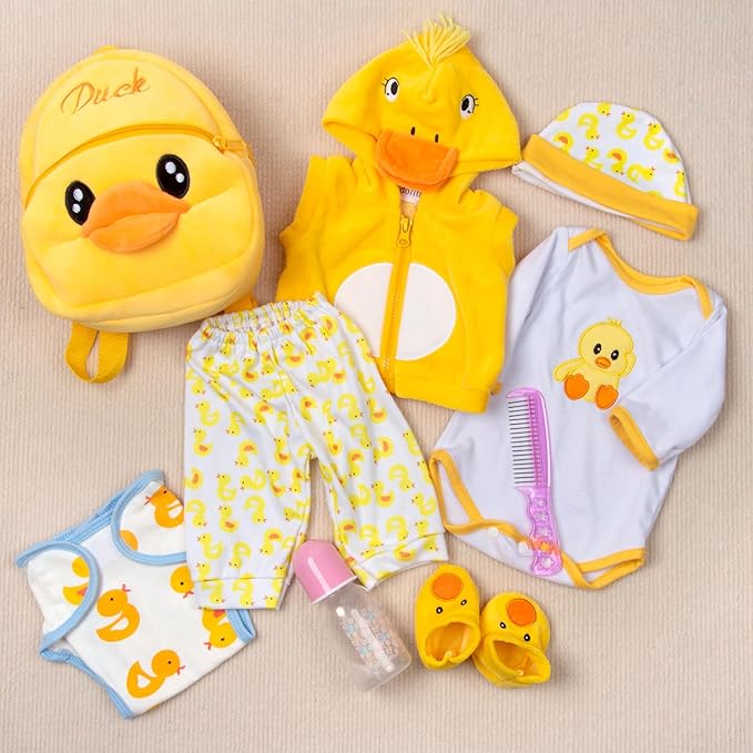 PEDOLLTREE Reborn Baby Dolls Clothes Accessories Yellow Duck 9pcs Set with Backpack Diaper for 17-22 Inch Reborn Doll Newborn Girl&Boy