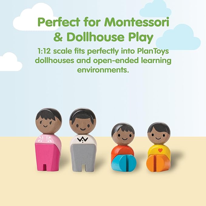 PlanToys® Family Wooden Dollhouse Figurine Set | 4 Poseable 1:12 Scale Mini Dolls (Parents & Kids) | Dollhouse Accessories for Pretend Play | Eco-Friendly Montessori Toy for Kids Ages 3+