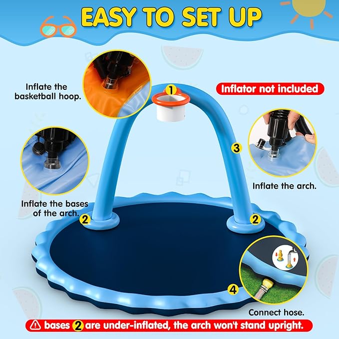 Splash Pad for Kids and Dog, 110" 2-in-1 Large Sprinkler Mat with Basketball Hoop and Arch for Kids Outdoor Play, Shoot Game for Backyard, Inflatable Water Toys More Fun for Boys and Girls
