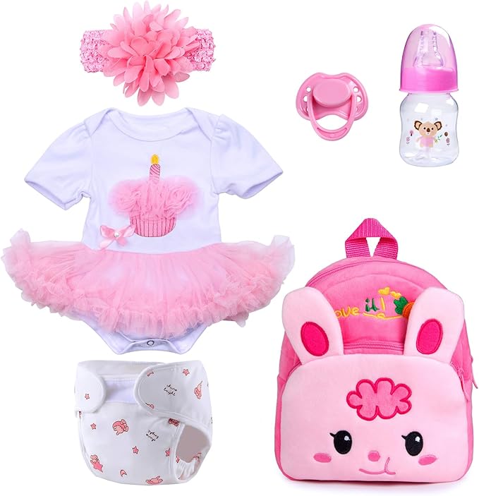 Reborn Baby Doll Clothes Girl Pink TUTU Dress with Backpack Diaper Accessories 6 Pcs for 17-22 Inch Babydolls, Outfit fit Babies Dolls Girl - Magnetic Pacifier & Fedding Bottle,Babies Pretend Play Set