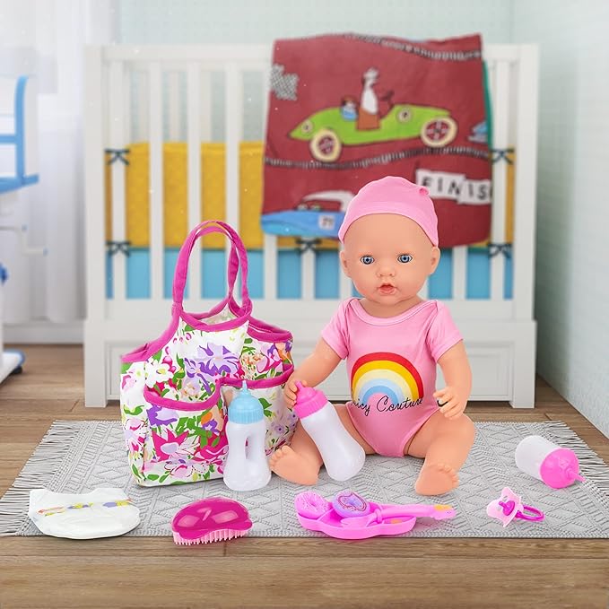 Ecore Fun 13 Piece Baby Doll Accessories Feeding and Caring Set Includes Diaper Bag Clothes Diapers Baby Bottles Dinner Plate Pacifier Comb Babies Pretend Play Set for Toddlers Kids