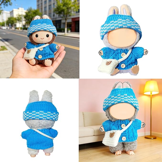 17cm Doll Clothes Set for Lububu,Cute Outfits with Hand-Crocheted Blue Sweater , Hat and Mini Bag, Designer Clothing and Accessories for 15cm Have a Seat Series Doll Display and Dress-Up