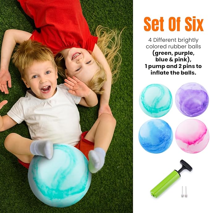 New Bounce Inflatable Bouncing Balls – Set of 4 Marbleized 8.5" Balls with Pump & 2 Pins – Sensory Play for Kids & Pets – Indoor/Outdoor Playground Toy