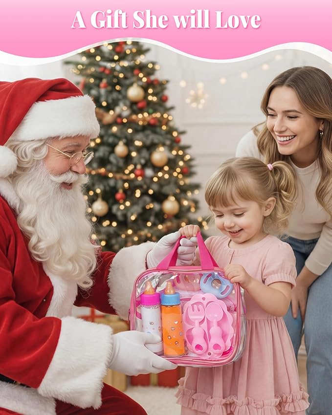 BABESIDE Baby Doll Accessories,10 Pieces Baby Doll Diaper Bag Set with Magic Bottles, Pacifiers, Doll Diaper & Pretend Play Feeding Set for Dolls, Ideal Gift for Kids Age 3+