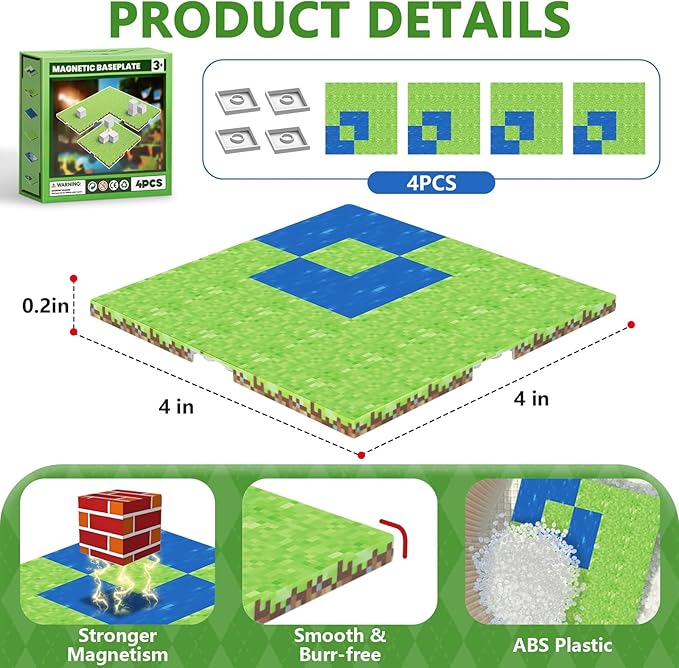 4PCS Baseplate for Minecraft Magnetic Blocks, Magnetic Building Blocks Baseplate Magnet Toys for Kids Ages 4-8 8-12-Baseplate 4" x 4", STEM Building Toys Birthday Gifts for Boys Girls, River