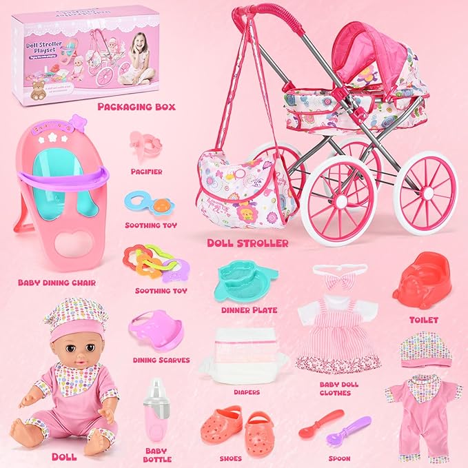 Baby Doll Stroller Toy Set with 12.5'' Doll and Accessories- 2 Doll Clothes, Diaper, Dining Chair, Pacifier, Storage Bag, Baby Doll Stroller Toys for Girls Toddlers 3-5 4-6 5-7 Gifts for Pretend Play