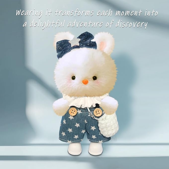 Clothes for 6.7inch /17cm Dolls (Without Dolls) ,Sets and Accessories,6pc Set๏ผOveralls + hat + Bow + Vintage Collar + Bag + Shoes๏ผ(Star Overalls)