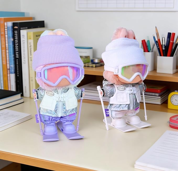 17cm Doll Clothes and Accessories Set for Lububu- Winter Snow Sports-Themed Ski Outfits with Hat, Jacket, Pants, Mini Poles, Goggles & Skiing Board, Designer Clothing for Macaron Doll(Purple)