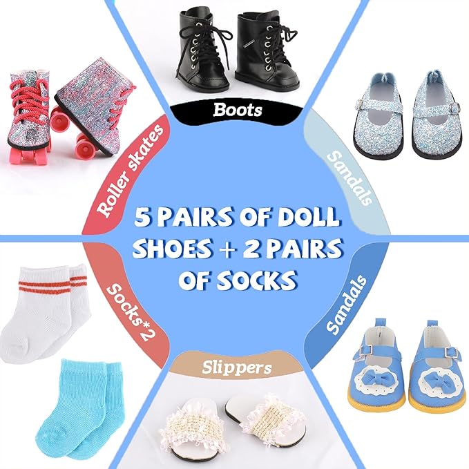 18 inch Doll Accessories, 5 Pairs of Doll Shoes+2 Pairs of Socks Fits for 18in American Doll Accessories