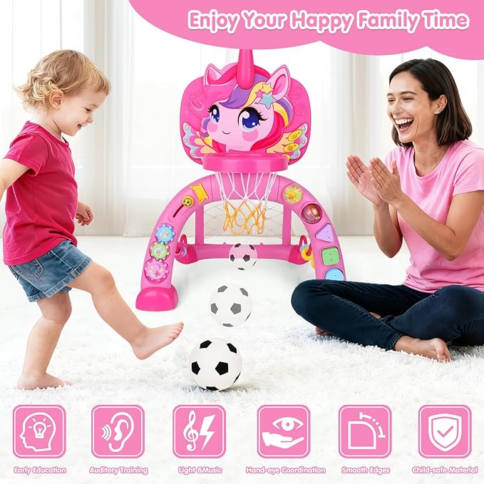 Toddler Basketball Hoop for Kids, Unicorn Basketball & Soccer Game Sports Toy with 30+ Sounds, Baby Basketball Hoop Toys for 1 2 3 Years Old Girls Boys Christmas Birthday Gifts Indoor Outdoor Play