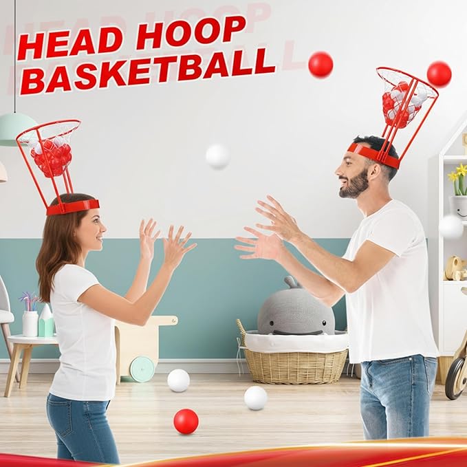 Libima 12 Pcs Head Hoop Basketball Party Game Set Portable Adjustable Basket Net Headband with Balls for Birthday Carnival Office Indoor Outdoor Activity(Red)