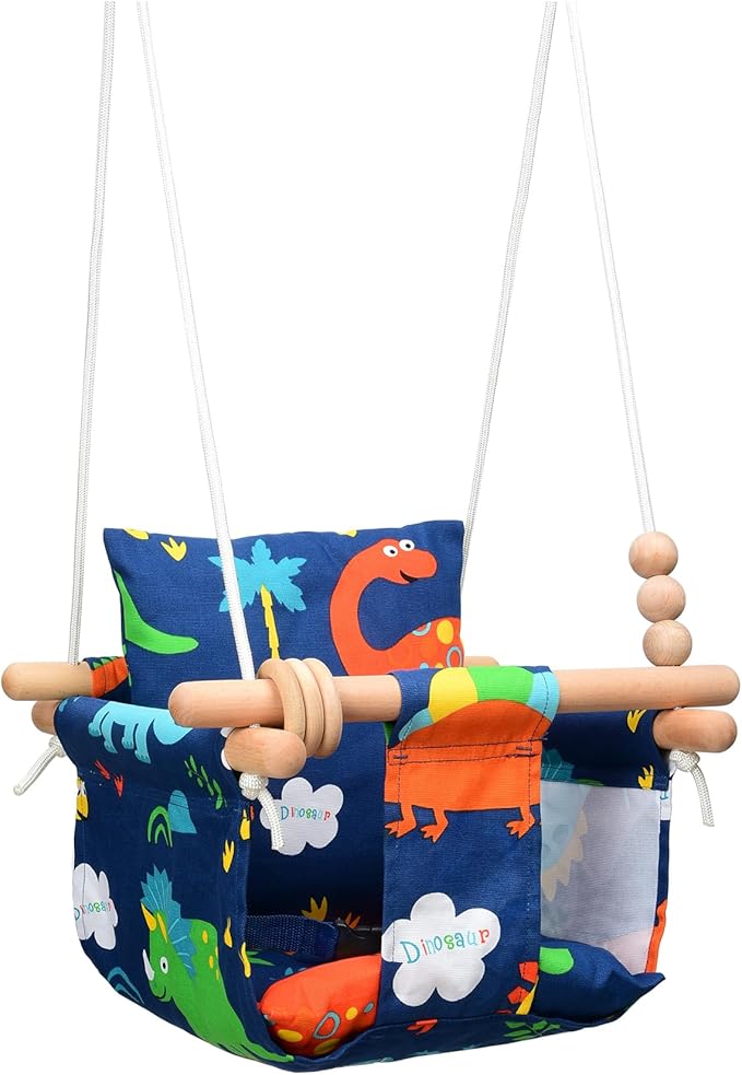 Baby Swing Outdoor for Infants to Toddler Indoor Portable Baby Swings Set with Cotton Cushion Seat Baby Hammock Swing Chair Canvas Fabric Porch Swing Outside Hanging Baby Tree Swing(Dinosaur Print)